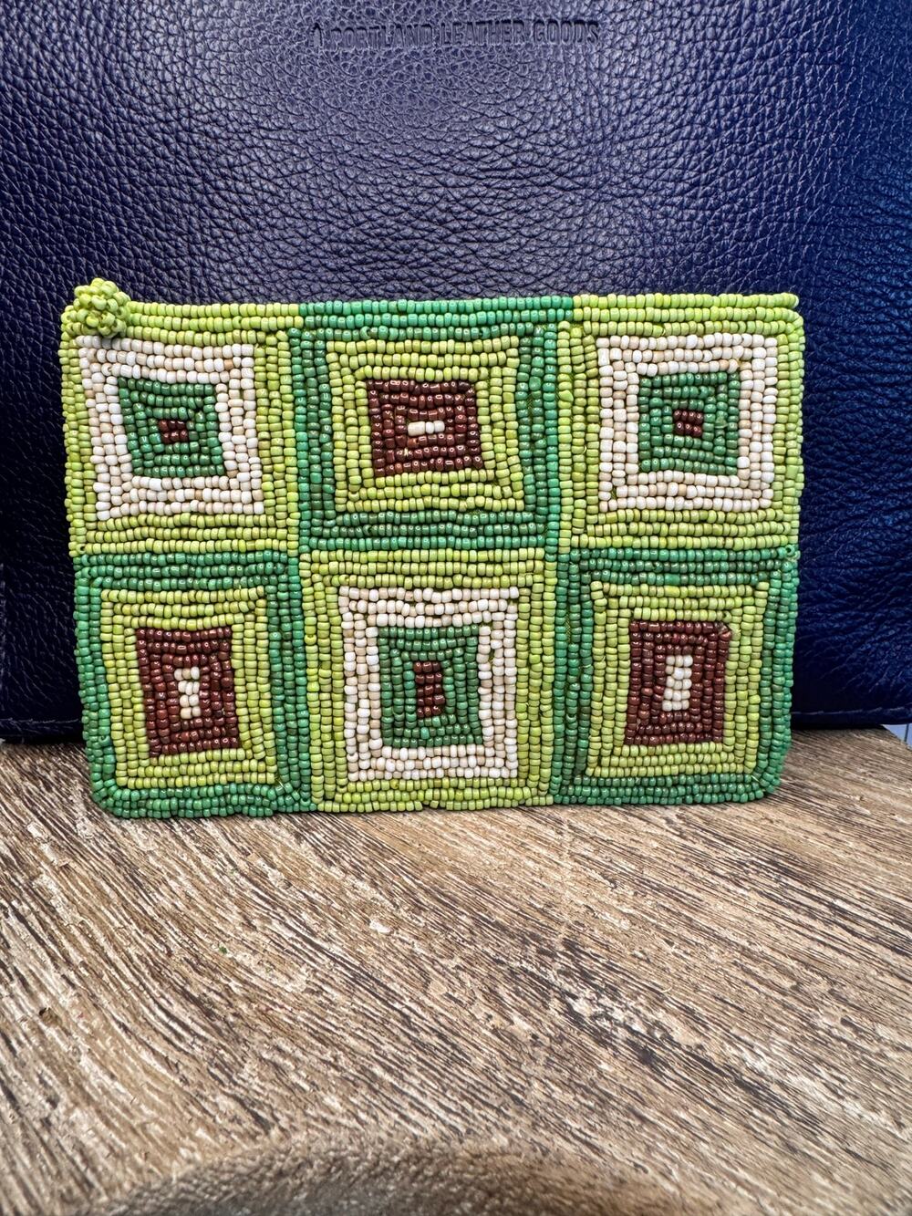 Beaded Green Coin Purse Green Pattern Squares Womens Travel Wallet NEW FAST SHIP